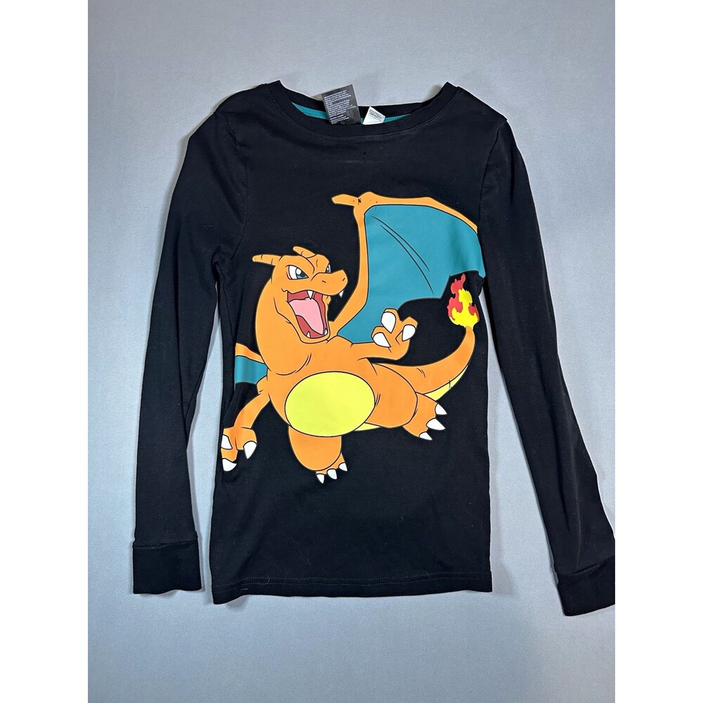 H&M Boys Pokémon Charizard Graphic Print Long Sleeve Black Crew Tee 7-8Y